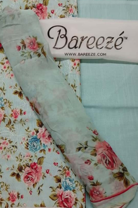 (R25-207) | Rahwaleen Printed Khaddar Suit (3-Piece) | 🌊 Aqua Bloom | Bareeze Prints