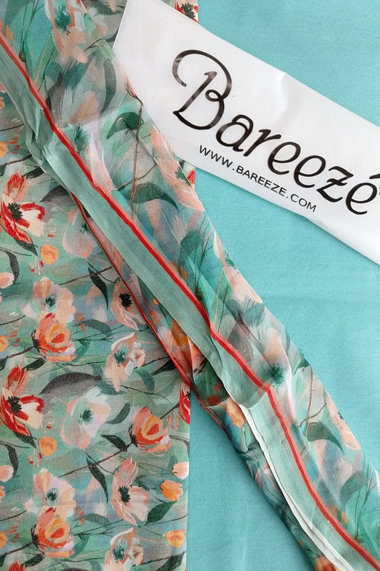 (R25-203) | Rahwaleen Printed Karandi Suit (3-Piece) |🩵 Ferozi Floral | Bareeze Prints