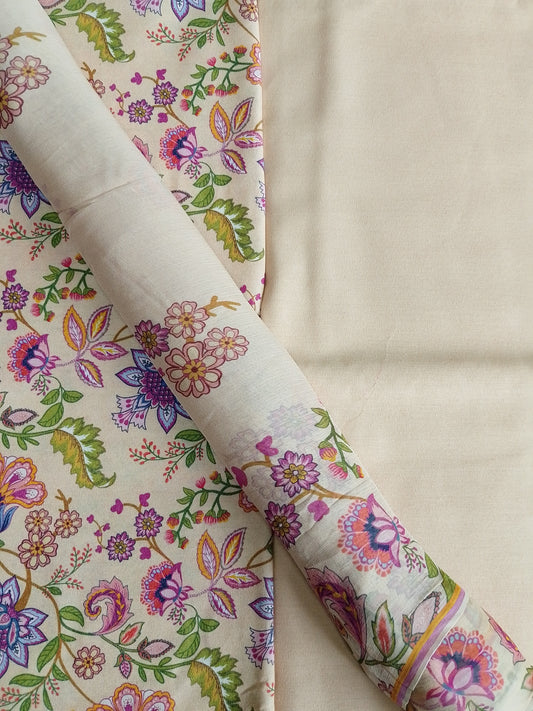 (R25-199) | Rahwaleen Printed Karandi Suit (3-Piece) | 🤍🌸 Sunlit Bloom | Bareeze Prints