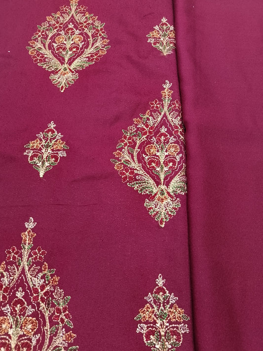 (R25-239) I Rahwaleen Embroidery Karandi Suit (3-Piece) | π· Crimson Glor | Bareeze Prints