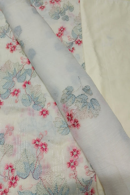 Floral-patterned fabric with pink and blue flowers on a white background