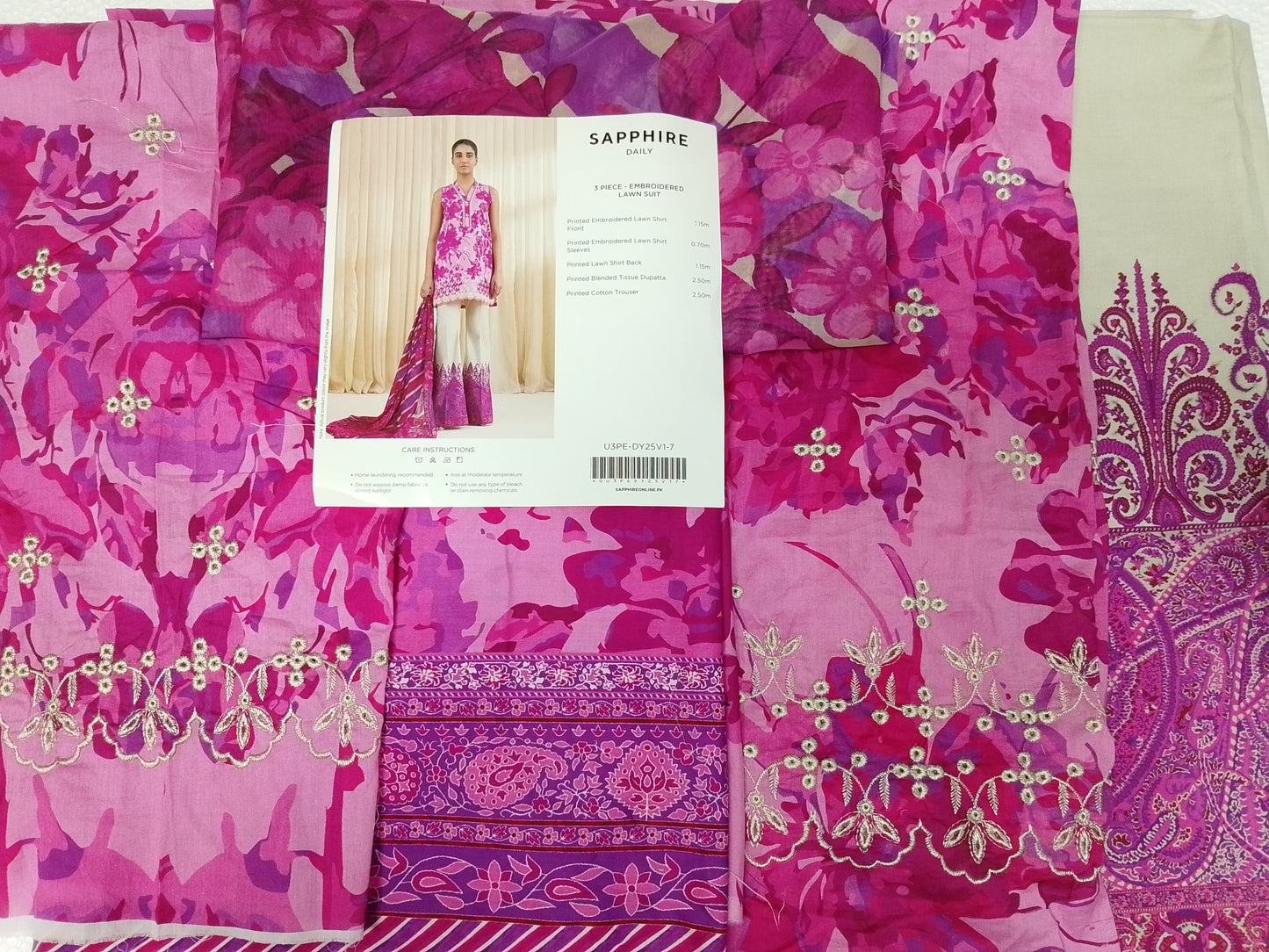 Rahwaleen Embroidery Lawn Suit (3-Piece) | SAPPHIRE Original | 🌸 Blush Petal | (R25-167)