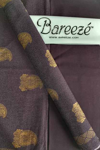 A1 - Rahwaleen Printed Karandi Suit (3-Piece) |💜 Purple-Golden Motif | (R25-202)