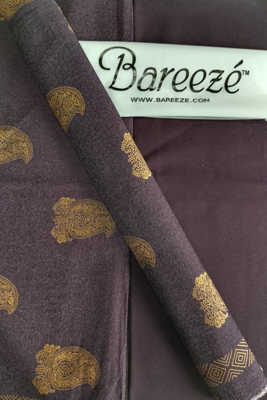 A1 - Rahwaleen Printed Karandi Suit (3-Piece) |💜 Purple-Golden Motif | (R25-202)