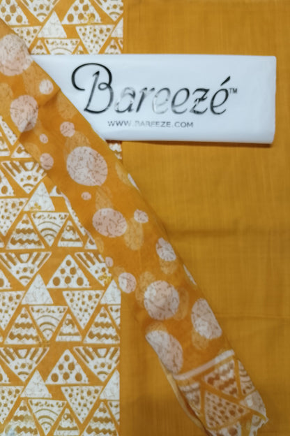 Yellow fabric with white patterns and Bareeze branding label.