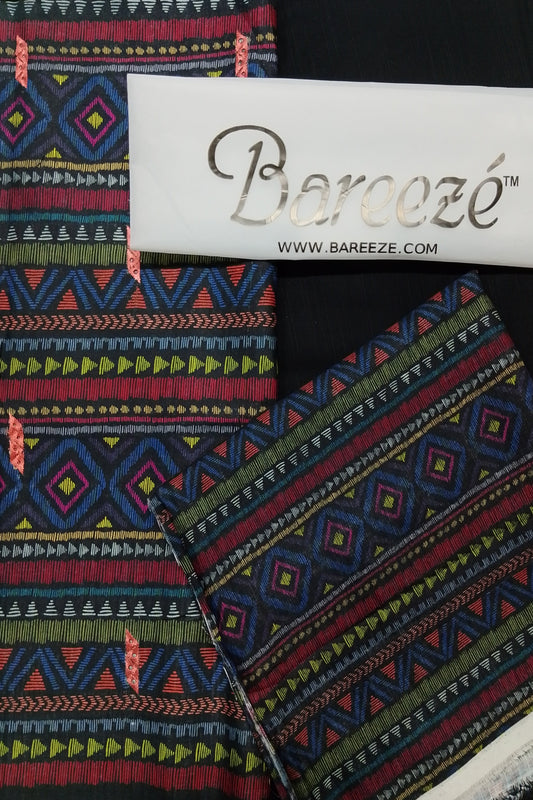 (R25-208) | Rahwaleen Printed Khaddar Suit (3-Piece) | 🖤 Midnight Muse | Bareeze Prints