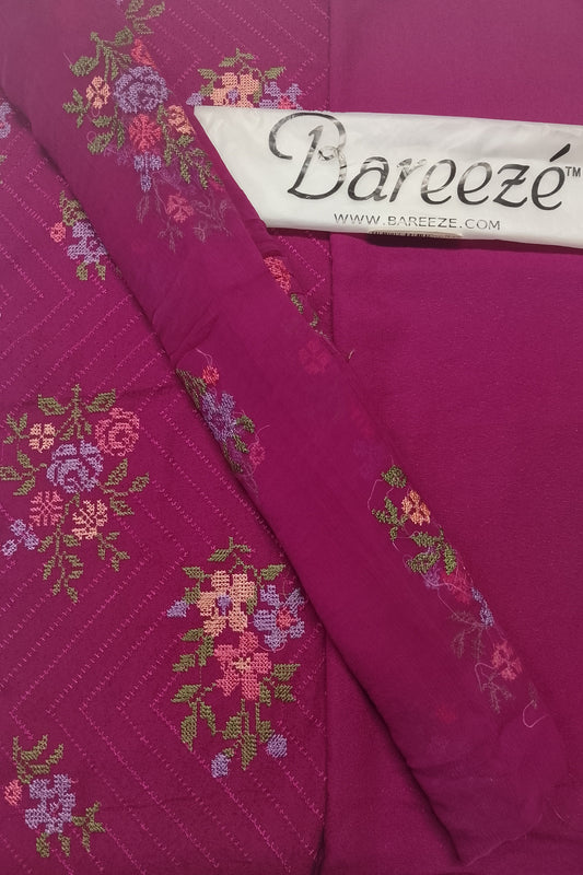 Purple fabric with floral embroidery and Bareeze label