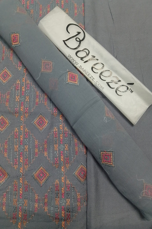 (R25-228) I Rahwaleen Embroidery Karandi Suit (3-Piece) | 🩶 GeoCharm Grey | Bareeze Prints
