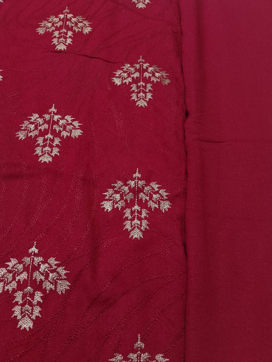 (R25-233) I Rahwaleen Embroidery Karandi Suit (3-Piece) | ❤️ Crimson Radiance | Bareeze Prints