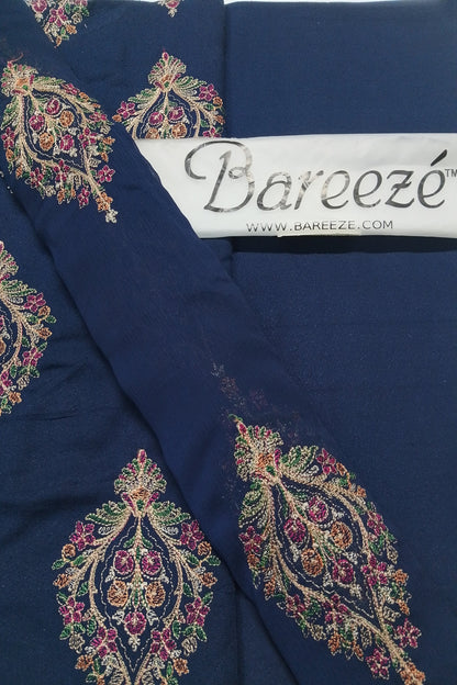 Navy blue fabric with intricate multicolored embroidery and Bareeze label.