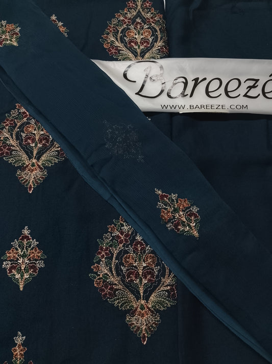 Navy blue fabric with intricate gold and red embroidery, featuring the Bareeze brand.