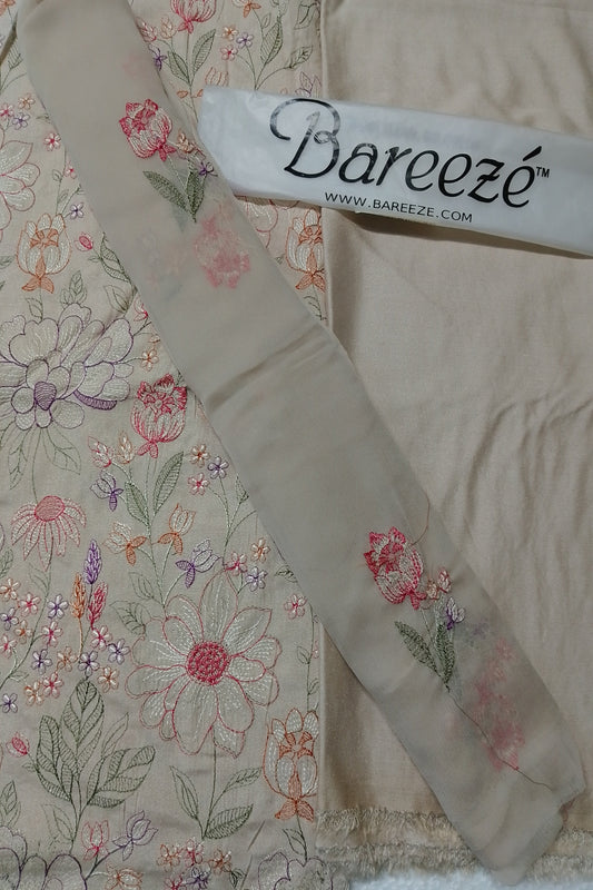 (R25-246) I Rahwaleen Embroidery Karandi Suit (3-Piece) | 🌸 Sandstone Bloom | Bareeze Prints