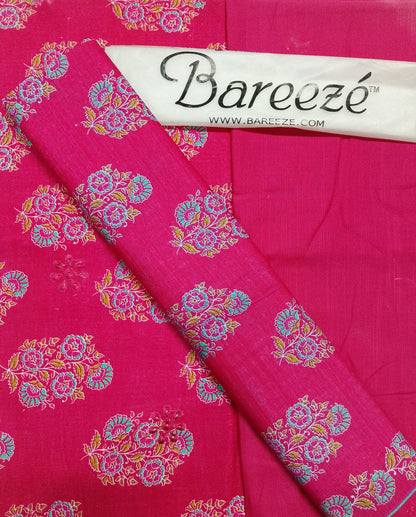 Pink fabric with floral patterns and Bareeze branding