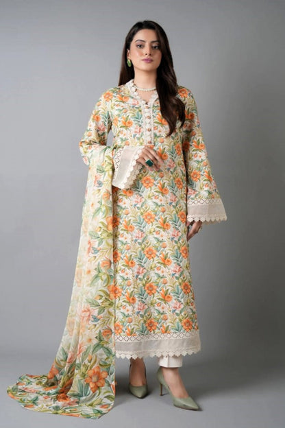 Woman wearing a floral dress with a plain background