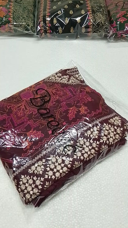 (R25-214) || Rahwaleen Embroidered Karandi Suit (3-Piece) | 🍷 Regal Bloom | Bareeze Prints