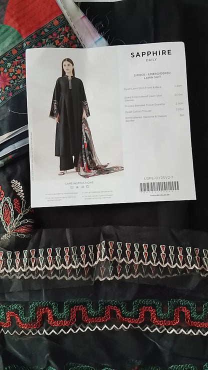 Rahwaleen Embroidery Lawn Suit (3-Piece) | SAPPHIRE Original | 🖤 Noir Black | (R25-169)