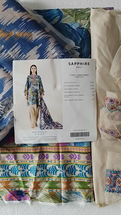 Rahwaleen Embroidery Lawn Suit (3-Piece) | SAPPHIRE Original | 🌼 Muted Blossom | (R25-170)